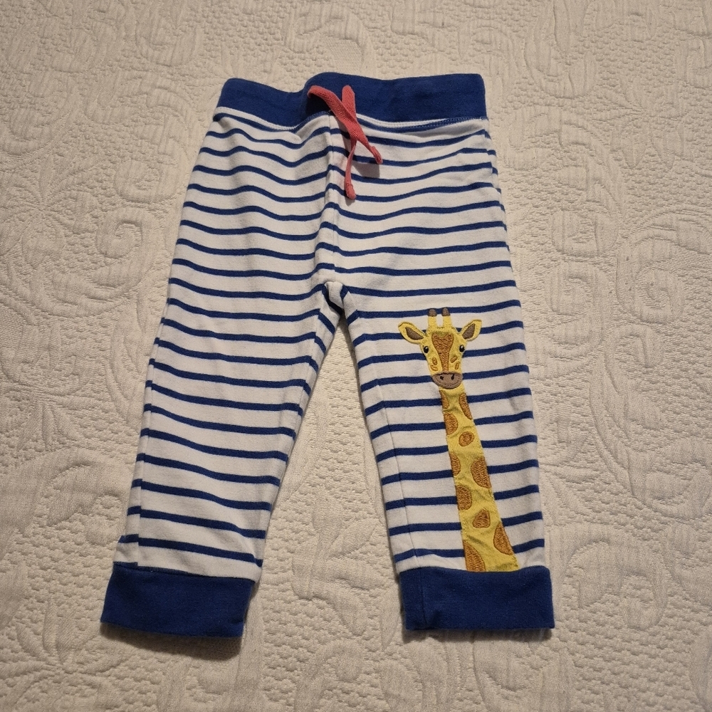 Baby Boden 12-18 months pull on pants, blue & white stripe giraffe applique EUC